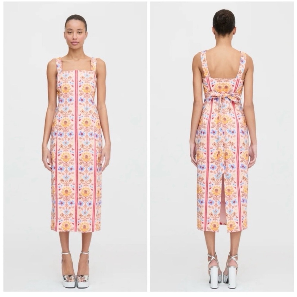 Hill House Midi Dress in Pink, Orange and Yellow Floral Stripe